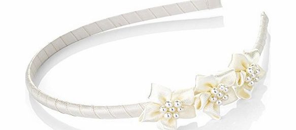 Amber Cream Silk Feel Triple Flower and Pearl Centre Alice Band Headband Flower Girl