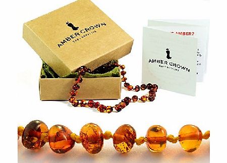 AMBER CROWN Amber Teething Necklace for Babies - Anti Inflammatory, Drooling and Teething Pain Reducing Natural Remedy - Made of Highest Quality Certified Baltic Amber - Polished Honey Tone Amber Beads - Perfect 