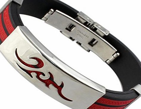 AmDxD  Jewelry Titanium Stainless Steel Mens Fashion Cuff Bracelet Silicone Fire Totem Patterned Red Chain Length 8.5Inch