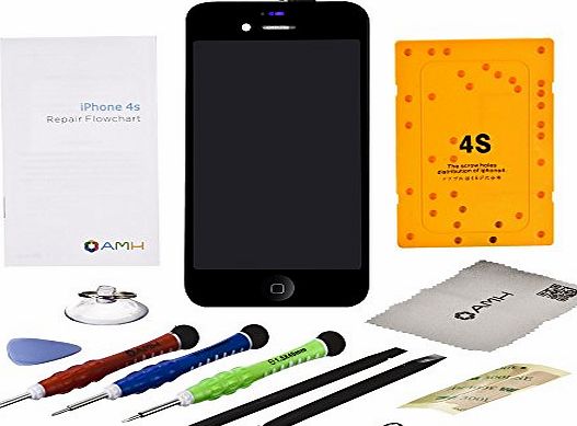 AMH Screen Repair and Replacement DIY Kit LCD Display amp; Touch Screen Digitizer Assembly with Tools and Manual for All Carriers iPhone 4S - Black