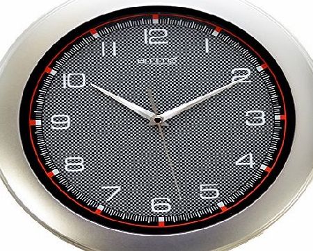 Amms Stylish Large Bold Silver Case amp; Carbon Fibre Effect Dial 30cm Non Ticking Sweeping Seconds Quartz Wall Clock
