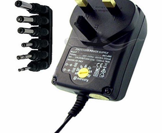 AMOS 7 / 6 Way 1.5A 1500mA max. AC to DC Universal Universally Multi Voltage 3V / 4.5V / 6V / 7.5V / 9V / 12V Plug in Mains AC Power Adapter Adaptor Power Supply Replacement (Black)