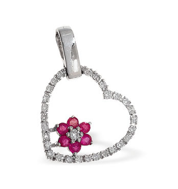 Ampalian Jewellery White Gold Diamond Ruby Heart Pendant & Chain