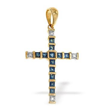 Ampalian Jewellery White Gold Diamond Sapphire Cross & Chain (046)