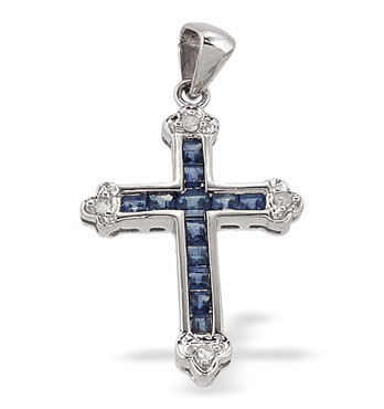 Ampalian Jewellery White Gold Diamond Sapphire Cross & Chain (181)