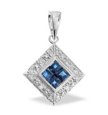 Ampalian Jewellery White Gold Diamond Sapphire Pendant & Chain (263)