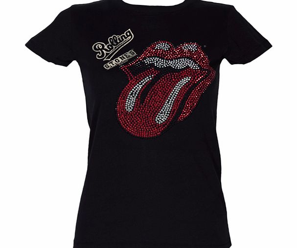 Ladies Black Rolling Stones Diamante T-Shirt