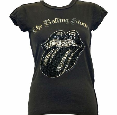 Amplified Vintage Ladies Silver Diamante Stones Tongue T-Shirt