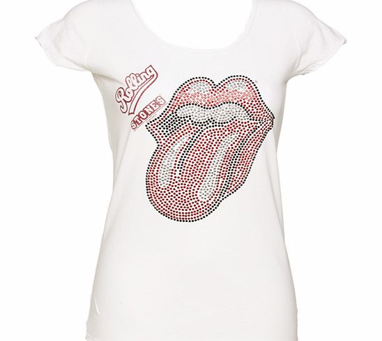 Ladies White Rolling Stones Diamante Tongue