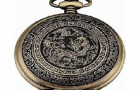Bronze Mens Dragon & Phoenix Dangle Pendant Pocket Quartz Watch + Gift Chain