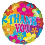 Amscan 1 x 18` Thank You Foil Balloon - Multi coloured retro 70s flowers Thank You Text flat foil balloon