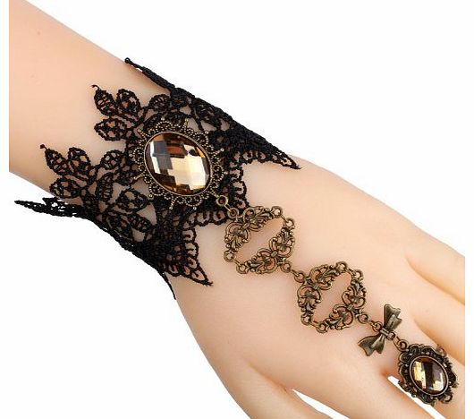 Jewelry Victorian Vintage Goth Black Crochet Lace Pink Rhinestone Bracelet Copper Chain Rings Set