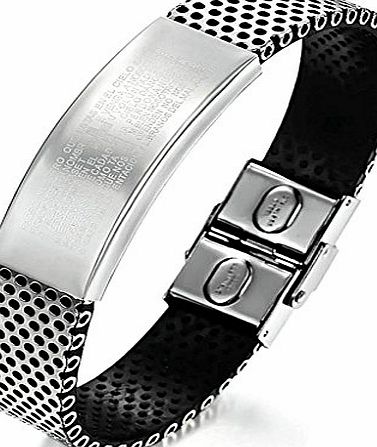 AnazoZ Mens Fashion Stainless Steel Bracelet PU Leather Smooth Letters Hollow Out Chain Black 19CM