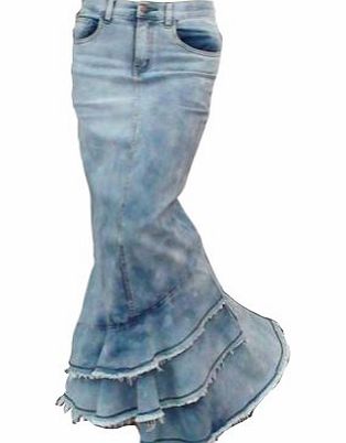 ANDREA Ladies Slim Fit Multi-layer Ruffle Elegant Fishtail Denim Skirt (UK14, light blue)