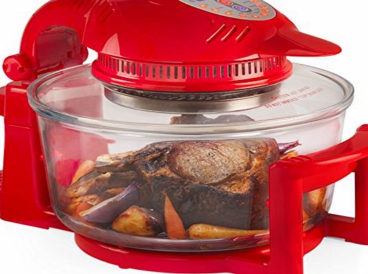 Andrew James 12 LTR Premium Red Digital Halogen Oven Cooker With Hinged Lid   Easily Replaceable Spare Bulb   2 YEAR WARRANTY   128 page Recipe Book - Complete with Extender Ring (Up to 17 Litres), Ca