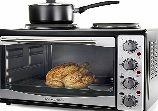 Andrew James Large 33 Litre Capacity Black Mini Oven And Grill With Double Hot Plates - Includes 2 Year Manufacturers Warranty