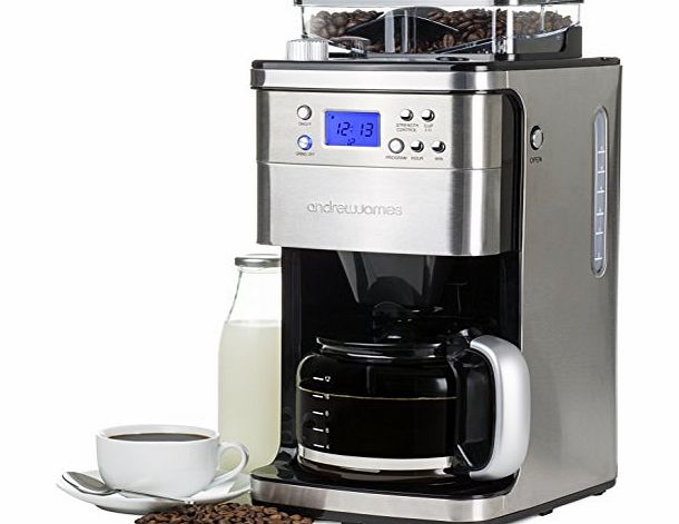 Andrew James Premium Programmable Chrome Filter Coffee Maker With Integrated Bean Grinder Includes Reuseable Filter And 2 Year Warranty