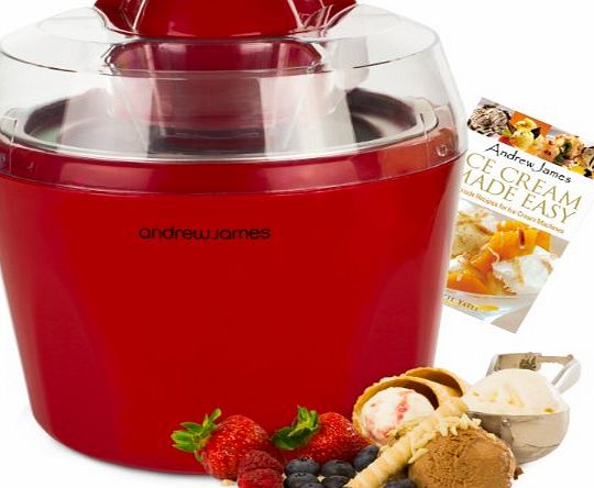 Andrew James Red Ice Cream, Sorbet and Frozen Yoghurt Maker Machine 1.45 Litre   128 Page Recipe Book - As voted 