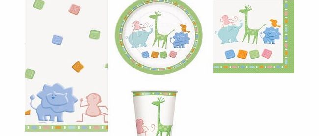 Animal BABY SHOWER PARTY TABLEWARE PACK NEUTRAL FOR BOY OR GIRL ANIMAL CRACKERS DESIGN NAPKINS PLATES CUPS TABLECOVER