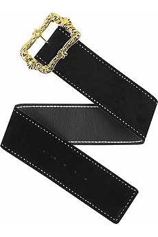 Black suede wide waist belt with a gold picture frame-style buckle.