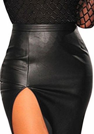 AnnFlat Womens Elegant Faux Leather Skirt High Waist Split Slim Pencil Midi Skirt Medium Black