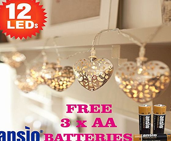ANSIO 12 Yellow Warm White Silver Filigree Heart Indoor Fairy Lights - Battery Operated - Ideal for Christmas, Festive, Wedding/Birthday Party Decorations - Total 1.7m Clear Cable - Batteries Included