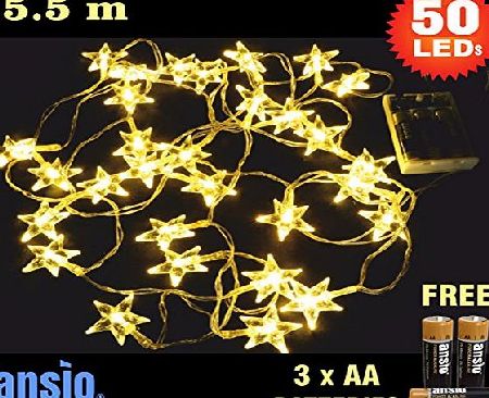 ANSIO 50 Warm White Clear Star LED Fairy Lights Battery Operated Total 5.5m Clear Cable Batteries Included