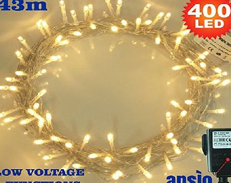 ANSIO Christmas Tree Lights 400 Warm White Indoor Fairy Lights - LED String Lights - 8 Functions/43 Meters - Power Operated - Ideal for Christmas Tree, Festive, Wedding/Birthday Party Decorations (400 LED 4