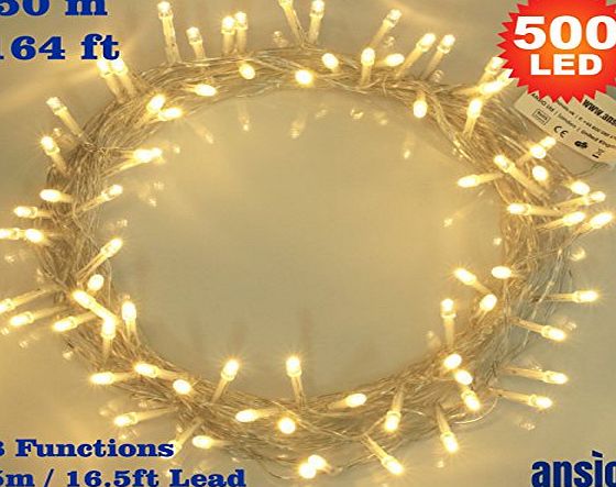 ANSIO Fairy Lights 500 LED Warm White Outdoor Christmas Tree Lights String Lights - 8 Functions 50m / 164ft Power/Mains Operated Ideal for Christmas Tree Festive Wedding Birthday Party amp; Bedroom Decorat