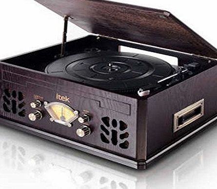 Nostalgic 4 in 1 Antique Style Retro Wooden Music Centre (2 year guarantee) Turntable Vinyl Record Player, CD, AM/FM Radio amp; Cassette Player - Music System - UK Model Dark Brown