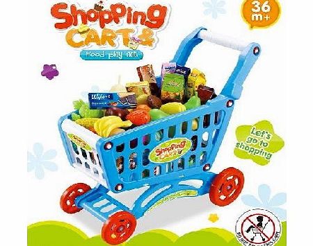 Anything4home Childrens Shopping Trolley Basket for Toy Shop Kitchen Over 80pcs Play Food Set (Blue)