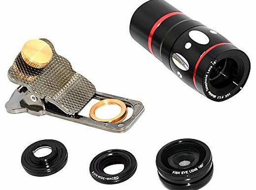 Apexel 4-in-1 Universal Clamp Fish Eye, Macro Wide Angle and 10X Telescope Lens for iPhone 4/4S/5S/5C/Samsung - Black
