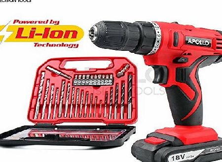 Apollo Power Tools Apollo 18V Pro Cordless Combo Drill Driver with 1500 mAh Lithium-Ion Battery, 2 Gears, 19 Position Keyless Chuck, Variable Speed Switch amp; 30 Piece Drill and Screwdriver Bit Accessory Set in Compac