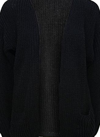 Womens Knitted Open Cardigan Ladies Pocket Boyfriend Long Sleeve Top Black 12 / 14