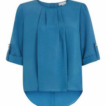 Apricot Teal Pleated Neck Dip Hem Blouse 3267150