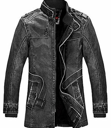 APTRO Mens PU Leather Fur Lining Medium Style Winter Coat Color Black Size XL