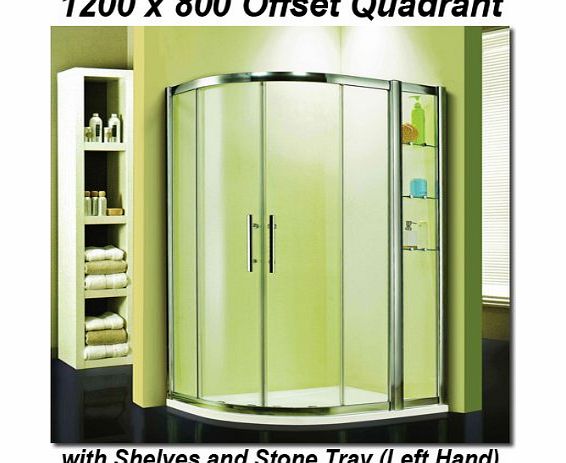 Aquaspa Luxury 1200x800 Left Hand Walk in Offset Quadrant Shower Enclosure With Shelves, Stone Tray amp; Waste