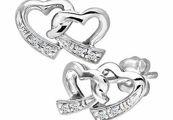 Ariel Womens 9ct White Gold Diamond Double Heart Earrings