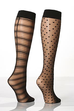 Aristoc Ladies 2 Pair Aristoc Patterned Knee Highs 1 Striped 1 Spot In 2 Colours Nude