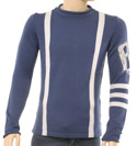 Armani Mens Armani Blue & Light Grey Stripe Round Neck Wool Sweater