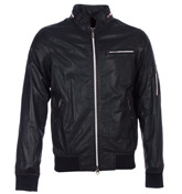 Armani Navy Leather Hooded Jacket