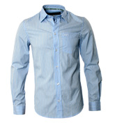 Sky Blue and White Stripe Slim Fit Long
