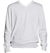 Armani White Super Soft Cotton Knit V-Neck Jumper