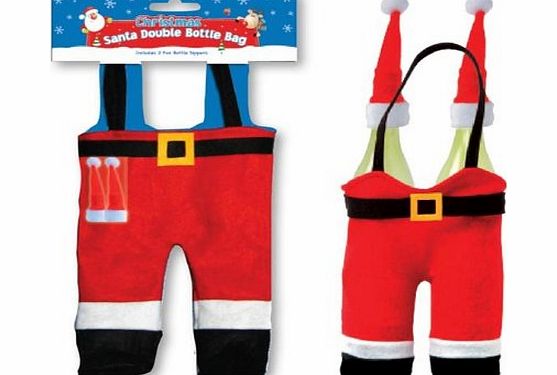 Novelty Santa Suite Design Double Bottle Bag with 2 Fun Bottle Toppers ideal for Christmas Gift Bag