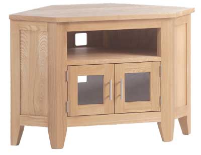 ash Corner TV unit with glazed doors and shelf