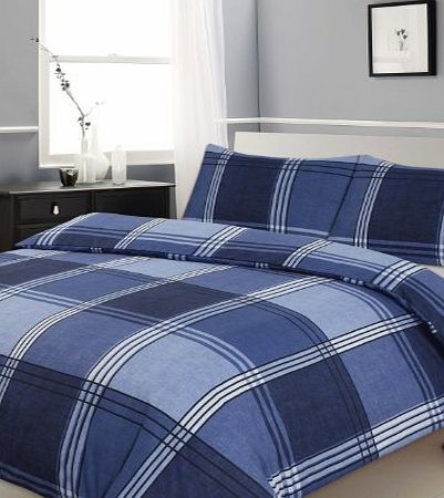 Ashley Mills Double Bed Duvet / Quilt Cover Bedding Set Hamilton Check Blue Checked / Striped