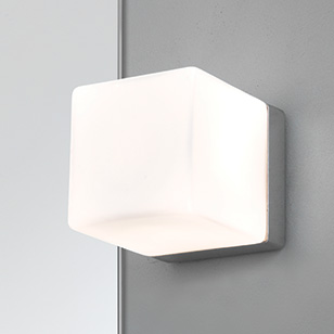 Cube Modern Polished Chrome Bathroom Wall Light With A Cube Shaped Glass Shade