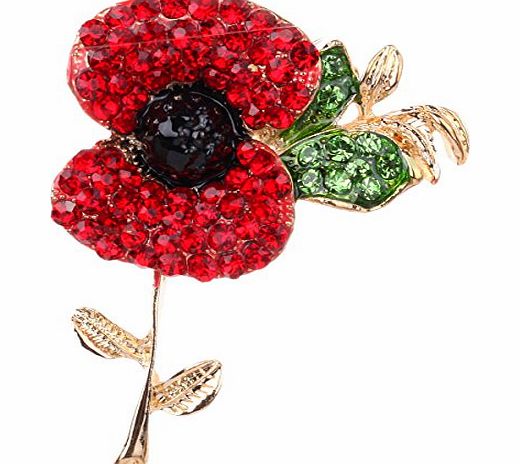 ASVP SHOP Elixir77UK NEW 2,4`` LARGE POPPY GOLD COLOUR BROOCH with BRIGHT RED / BLACK and GREEN RHINESTONE DIAMANTE CRYSTALS FLOWER PIN BROACH