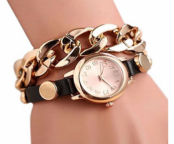 (TM) 1PC Punk Women Gold Dial Leather Chain Wrist Watch Bracelet Watch (Black)