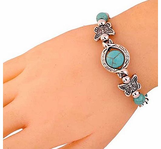 (TM) Vintage Tibetan Silver Turquoise Inlay Butterfly Bead Bangle Bracelet for Women